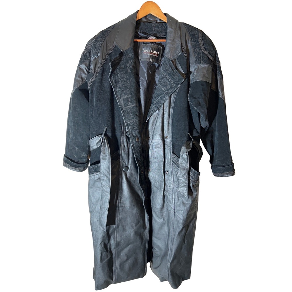 Wilsons Leather‎ Patchwork Trench Coat Mens Medium Black Suede Leather Lined